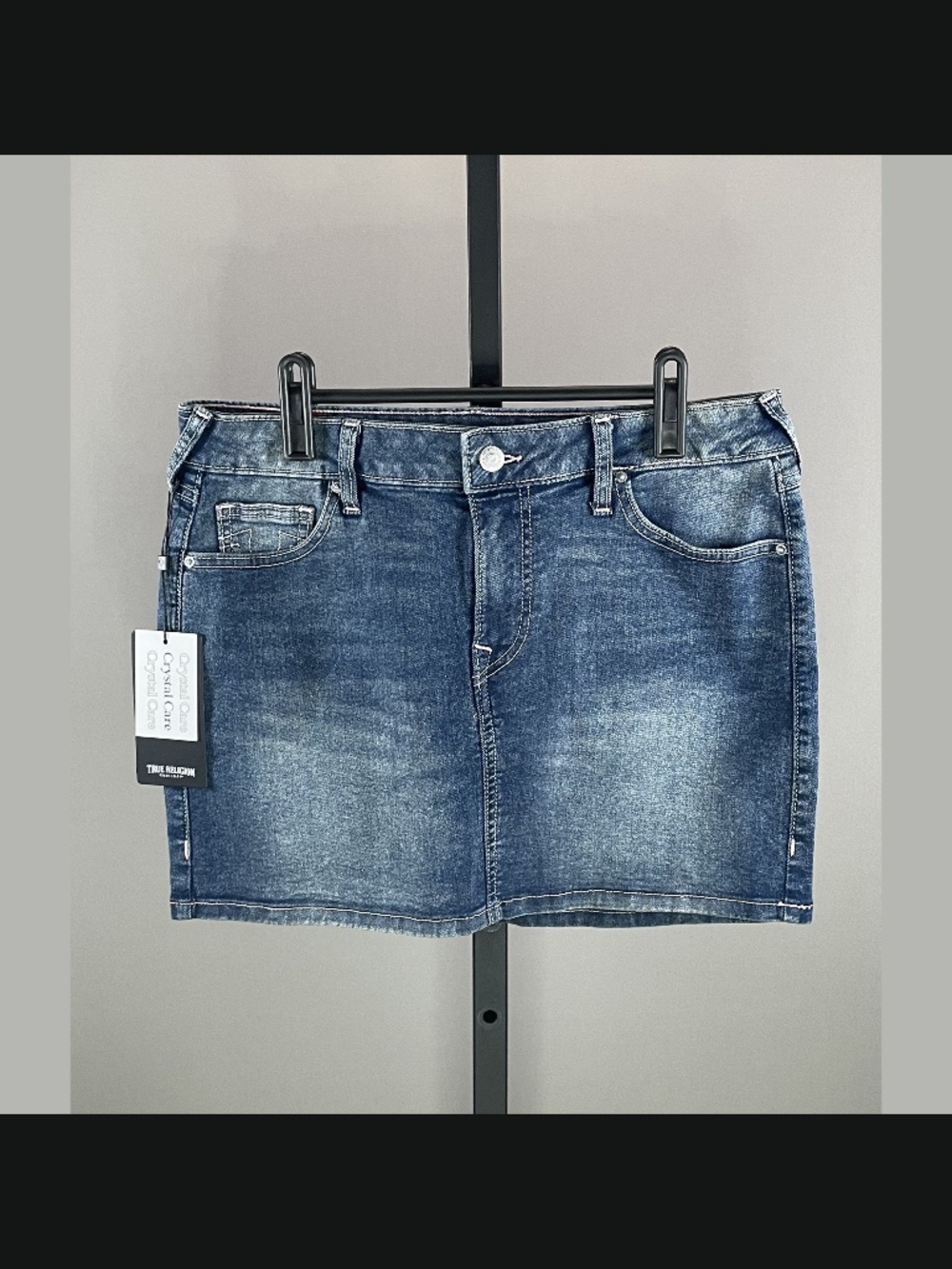 NEW True Religion Skirt Womens 28 blue denim pink rhinestone straight mini jeans
